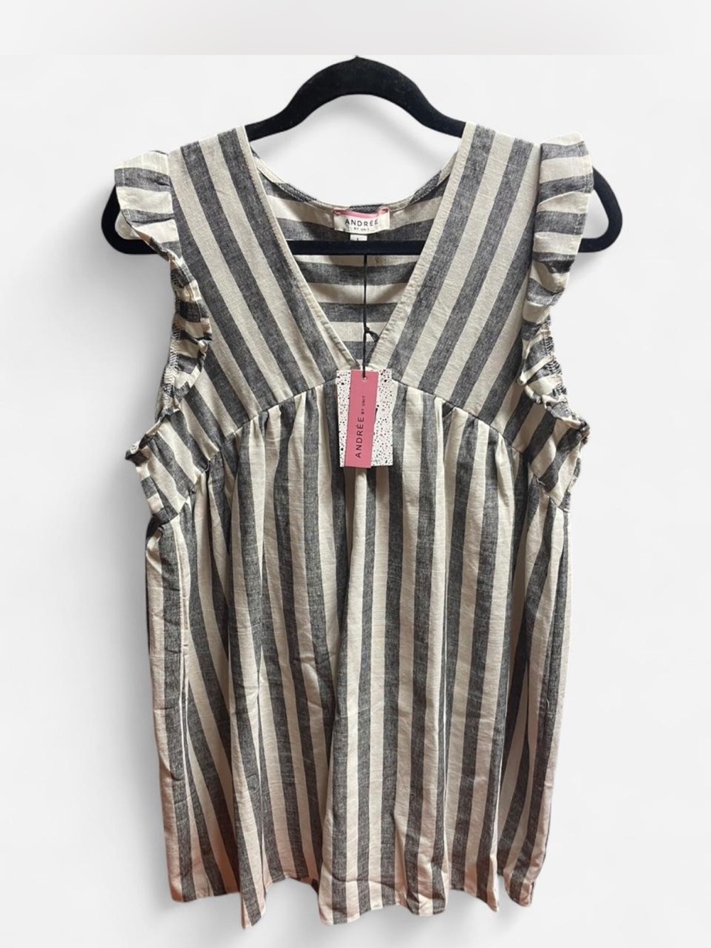 Andree Striped Ruffle Sleeve V-Neck Midi Dress - Black & Cream